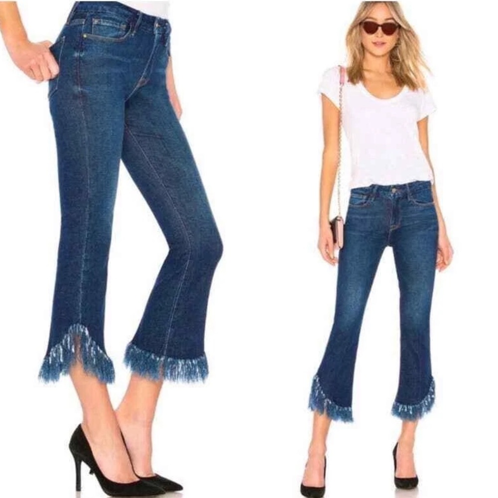 Frame Le Crop Mini Boot Mid Rise Shredded Raw Hem Jeans in Blue Bayberry (BB)